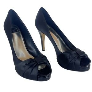 White House Black Market Black Satin Peep Toe Knotted Bow Platform Pumps 10M